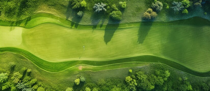 Aerial view of a lush golf course with greenery and trees