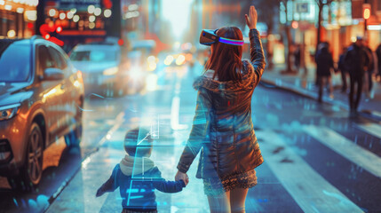 mother and child cross the pedestrian crossing near the cars, virtual glasses on her head, raised her hand to the top, screen projection, touchscreen - obrazy, fototapety, plakaty