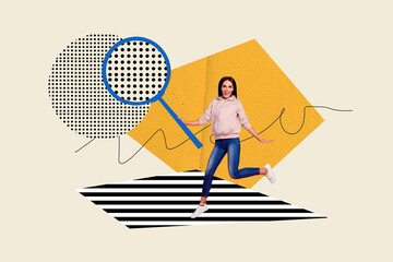 Composite sketch image trend artwork 3D photo collage of excited smiled lady jump in air hold huge...