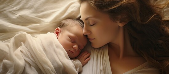 Mother cradling baby in blanket while napping