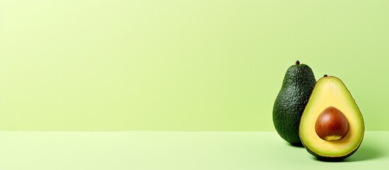 Avocado cut in half on green background