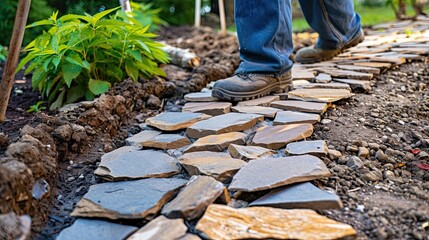 Fototapeta premium Landscape, garden, gardener, tiles, vegetable garden, greenery, lawn, grass. Florist, yard, hard work, blur, handyman, dirt, pants, backdrop, background, work on the site itself. Generative by AI