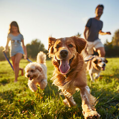 Happy healthy dogs running in nature green grass, summer time, with their owners. Humans and pets  happiness. 