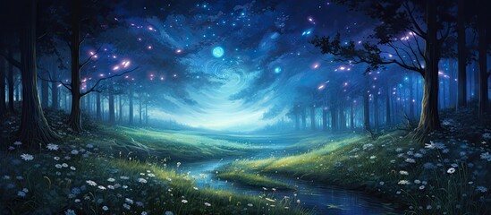 A serene painting of a moonlit forest with a stream