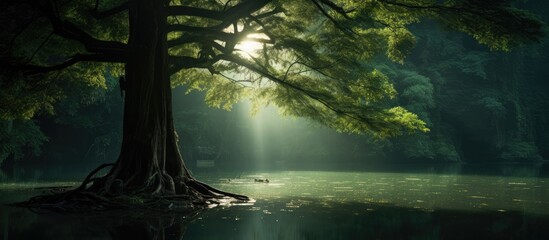 A tree standing in the middle of a lake with sunlight filtering through it - obrazy, fototapety, plakaty