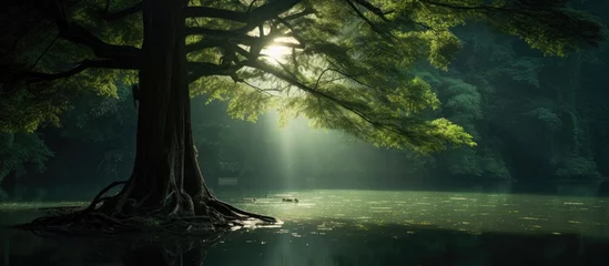 Fotobehang A tree standing in the middle of a lake with sunlight filtering through it © vxnaghiyev