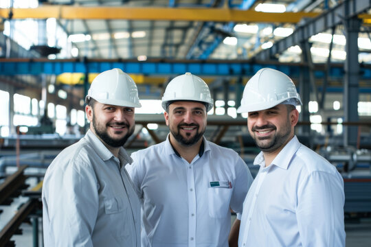 Workers wearing white helmets smile against the backdrop of the factory floor, radiating positivity amidst the industrial setting.