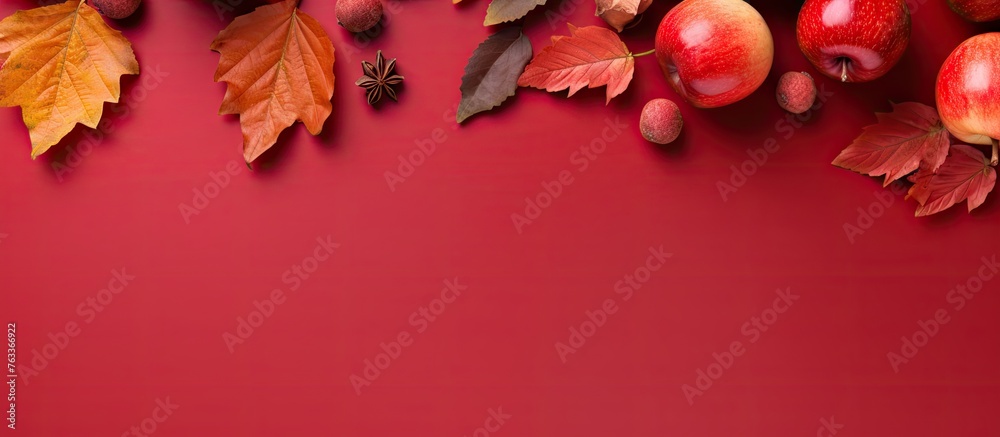 Poster autumn leaves and apples on a red background