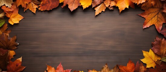Autumn leaves border on wooden backdrop with space for text