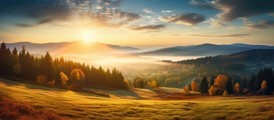 Sunset over mountain valley with autumn trees - obrazy, fototapety, plakaty