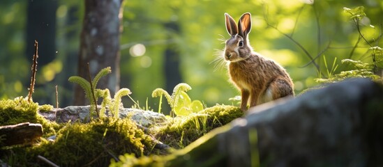 A rabbit perched on a mossy stone and a European hare in a mountain woodland - obrazy, fototapety, plakaty