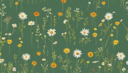 Wildflowers on a long green fabric background. Fabric tapestry with wildflowers. Abstract floral background.