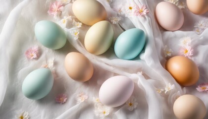 Easter eggs of pastel colors on a white chiffon background among inflorescences of delicate spring flowers. Happy Easter. Easter background