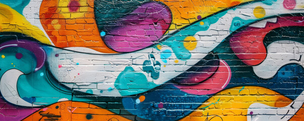 Colorful abstract graffiti adorns a brick wall, creating a vibrant and dynamic background.