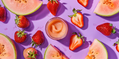 cream in a glass container surrounded by fresh watermelon and strawberries on a purple background.