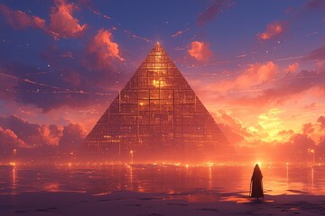 pyramids of giza in the desert, beautiful sunset