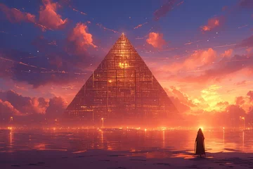 Crédence de cuisine en verre imprimé Violet pyramids of giza in the desert, beautiful sunset