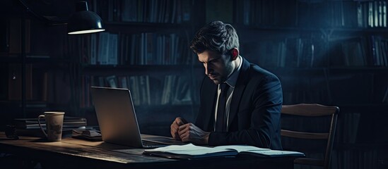Man in suit working at laptop on dark office desk - obrazy, fototapety, plakaty