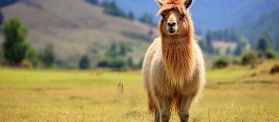 Fototapeta premium Llama in field with mountain backdrop & backlit capybara