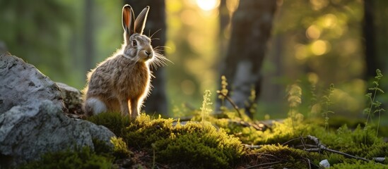 A rabbit on moss rock in woodland