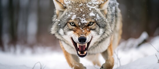 Wolf running in snow with open mouth