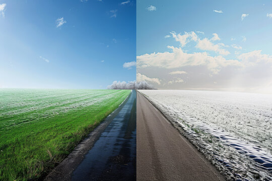 Combining images of winter and summer seasons on the road visually depicts the transition between snowy and sunny conditions, illustrating the changing seasons and weather.