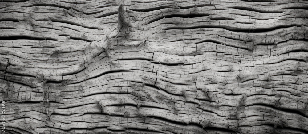 Poster close up of intricate wood pattern with rough texture of old tree bark in black and white