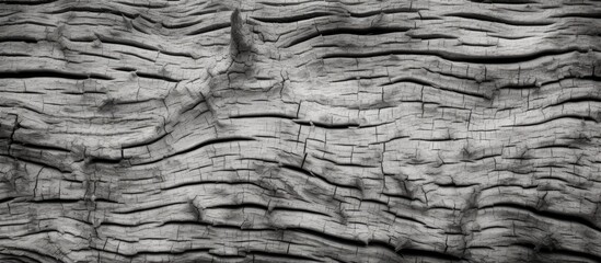 Close up of intricate wood pattern with rough texture of old tree bark in black and white