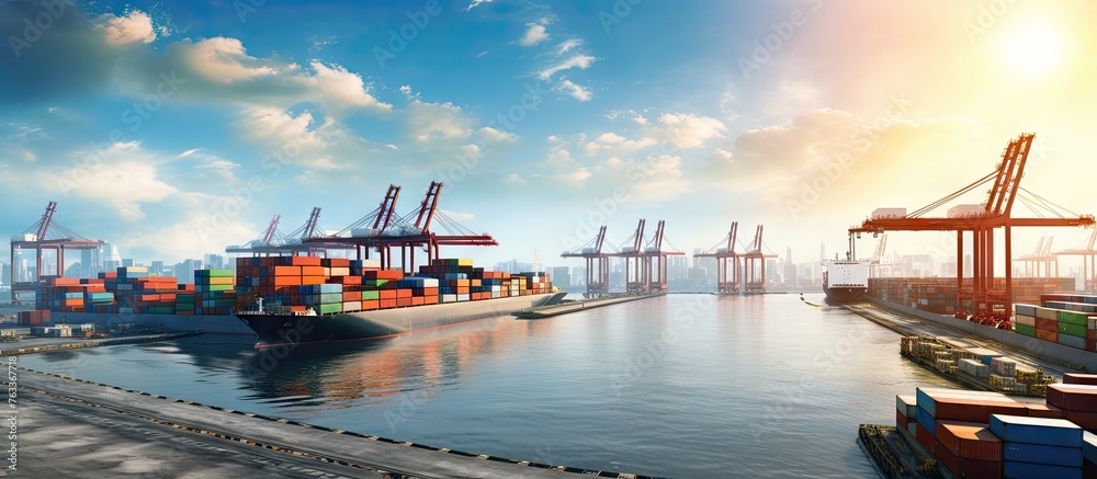 Aufkleber a cargo ship with multiple containers in a busy harbor