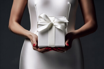 A woman is holding a white box with a bow on it. The box is wrapped in white paper and has a ribbon tied around it - Powered by Adobe