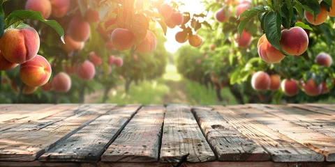 Foto op Plexiglas Empty wooden kitchen table over peach fruit garden background © Ricardo Costa