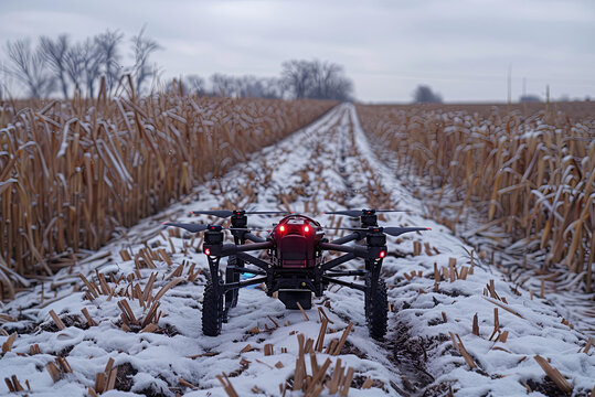 Automated robot is located in a field with tall grass. Modern technologies in agriculture