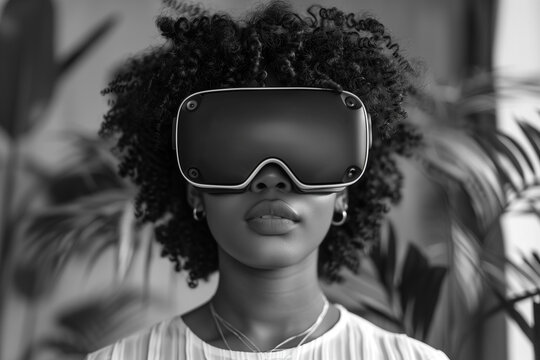 Africian American Women Wearing Virtual Reality Goggles, VR Goggles, Immersed in the Metaverse, Black and White Photograph