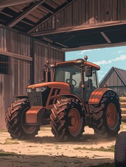 In the barns embrace a hi-tech tractor hums to life