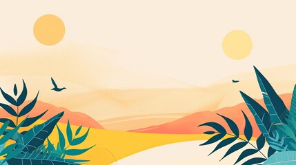Fototapeta na wymiar Abstract image of minimalistic background, simple desert illustration, fern, two suns, birds, foliage, petals, flat design, organic, bright palette, dots, lines. Generative by AI