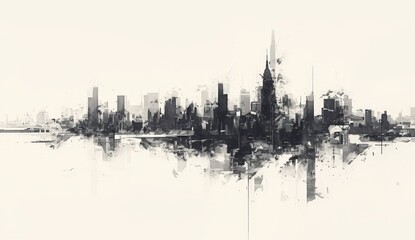 The drawing of the city skyline , a minimalist black and white painting on paper with ink lines - obrazy, fototapety, plakaty