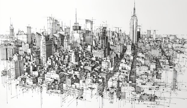 The drawing of the city skyline , a minimalist black and white painting on paper with ink lines