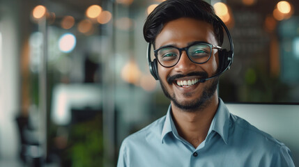 Friendly indian businessman with headset greeting in modern office workplace