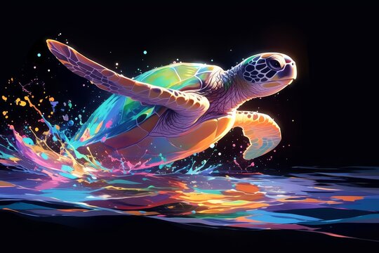 Turtle, splash paint effect in the style of neon colors
