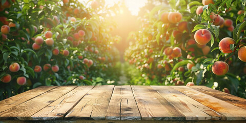Empty wooden kitchen table over peach fruit garden background