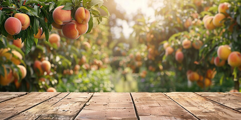 Empty wooden kitchen table over peach fruit garden background