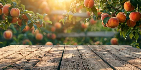 Foto op Plexiglas Empty wooden kitchen table over peach fruit garden background © Ricardo Costa
