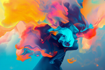 Colorful vibrant blanding of  realism with fantasy surreal elements. Profile of man with colorful smoke out of his head. Psychedelic art style. - obrazy, fototapety, plakaty