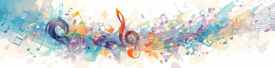 watercolor music notes banner, white background - obrazy, fototapety, plakaty