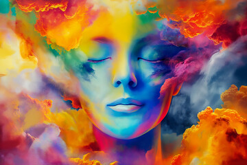 Mental health and wellbeing creative colorful background. Female face with closed eyes covered abstract colorful clouds.