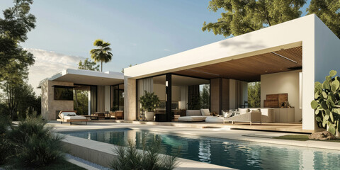 Contemporary design white cube house with swimming pool and trees