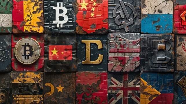 The cultural diversity present in online cryptocurrency communities through a mosaic of different flags, languages, and symbols, symbolizing unity and collaboration in the digital financial realm