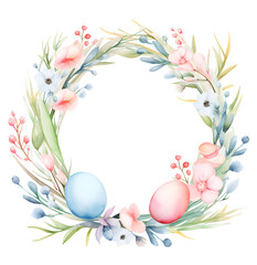 Naklejka na ściany i meble Watercolor Easter wreath with eggs in pastel colors isolated on white background