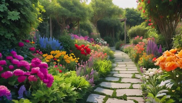 Narrow pathway in a garden surrounded by a lot of colorful flowers