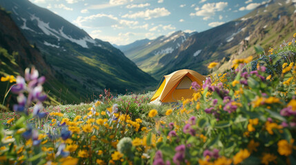 A yellow tent stands in a lush mountain valley surrounded by wildflowers symbolizing the freedom of summer travel and camping - obrazy, fototapety, plakaty